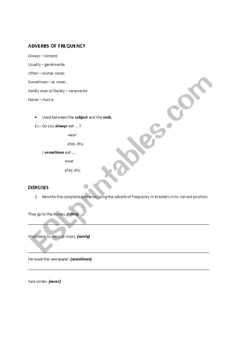 Adverbs of Frequency worksheet