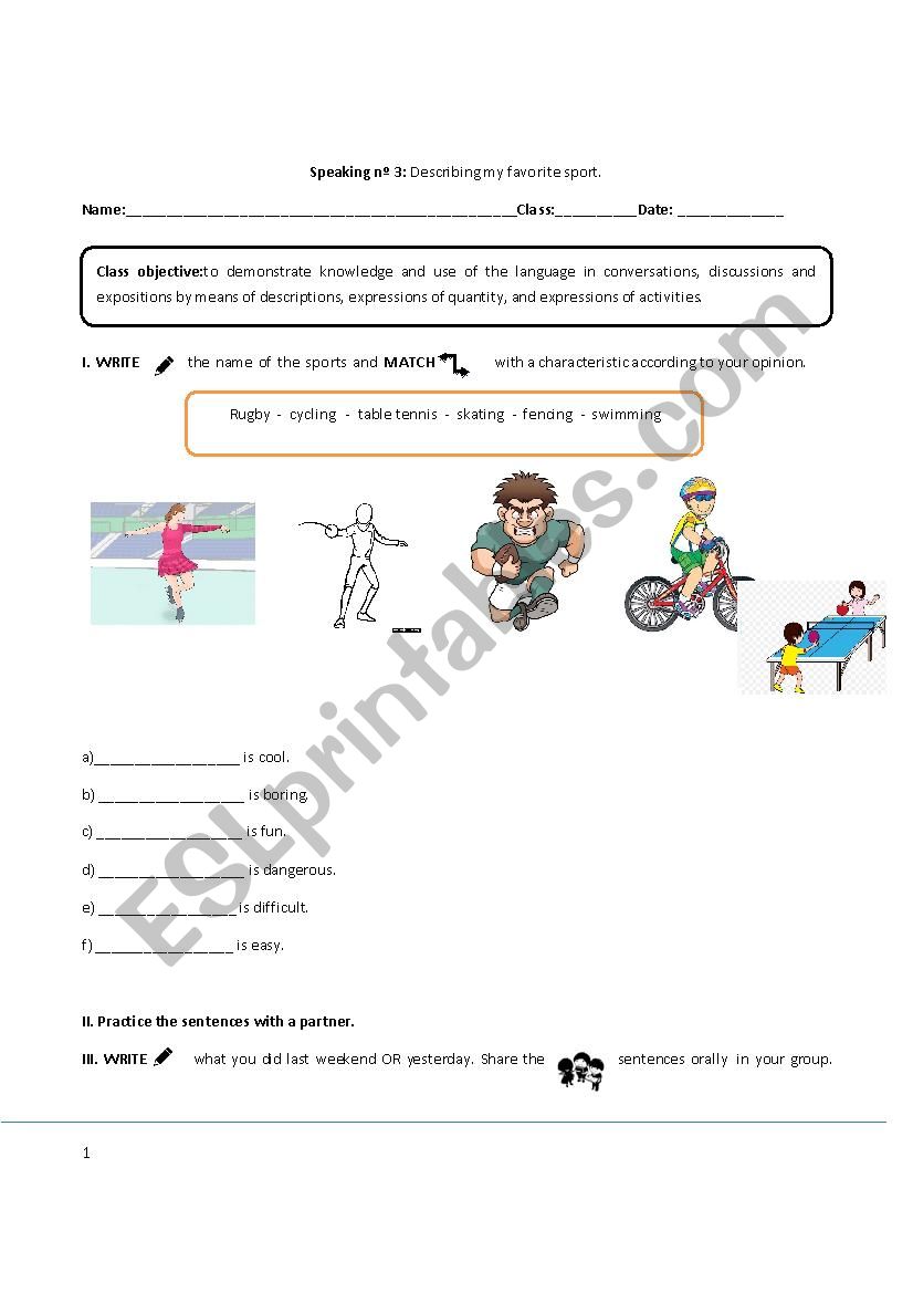 Describing my favorite sport worksheet