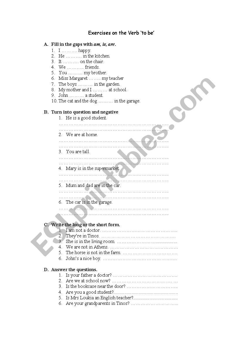 Exercises on the Verb to be worksheet