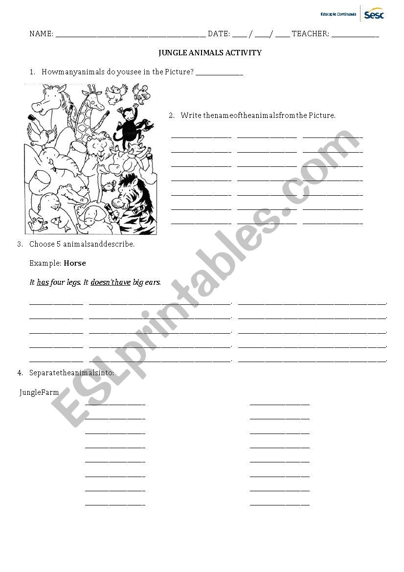 Jungle animals writing activity