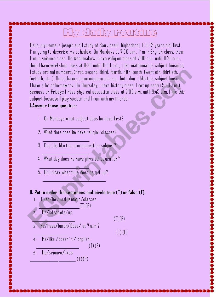 My daily routine worksheet