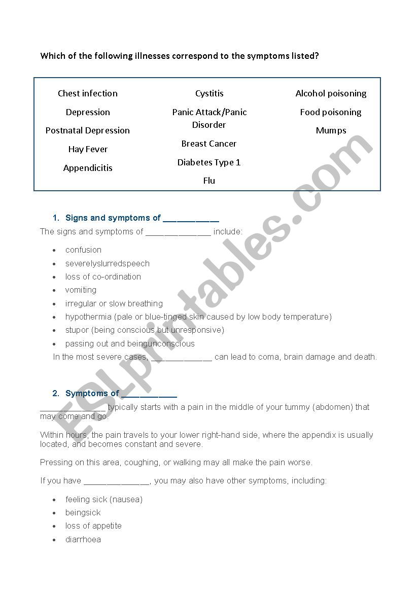 Illnesses and Symptoms worksheet