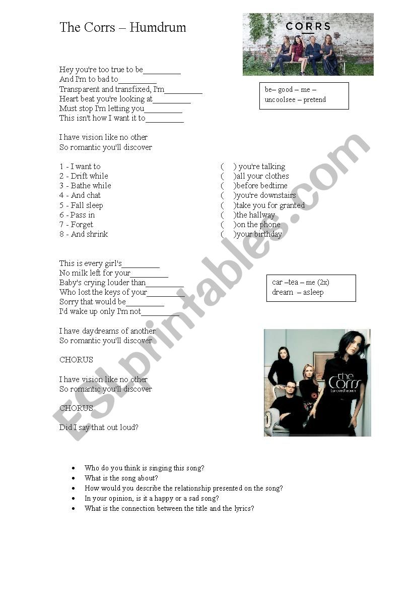 Humdrum The Corrs worksheet