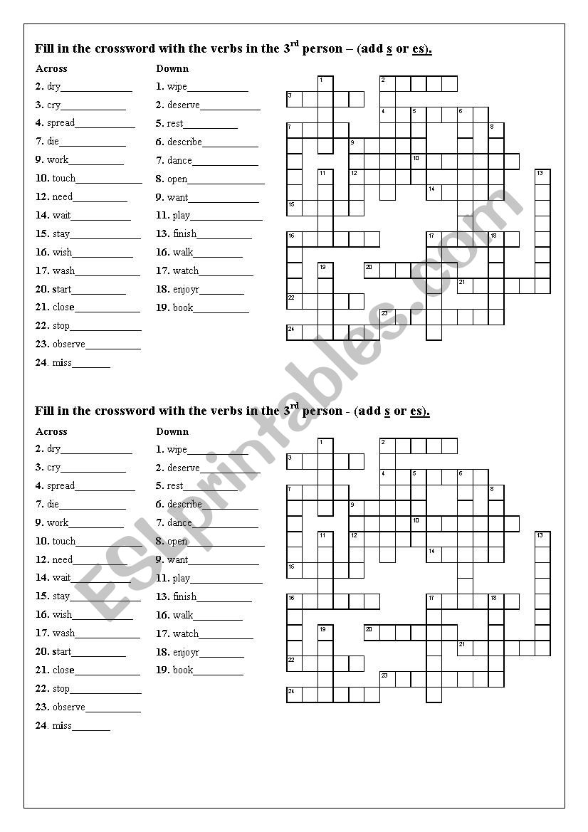 A crossword to work with present simple - third person