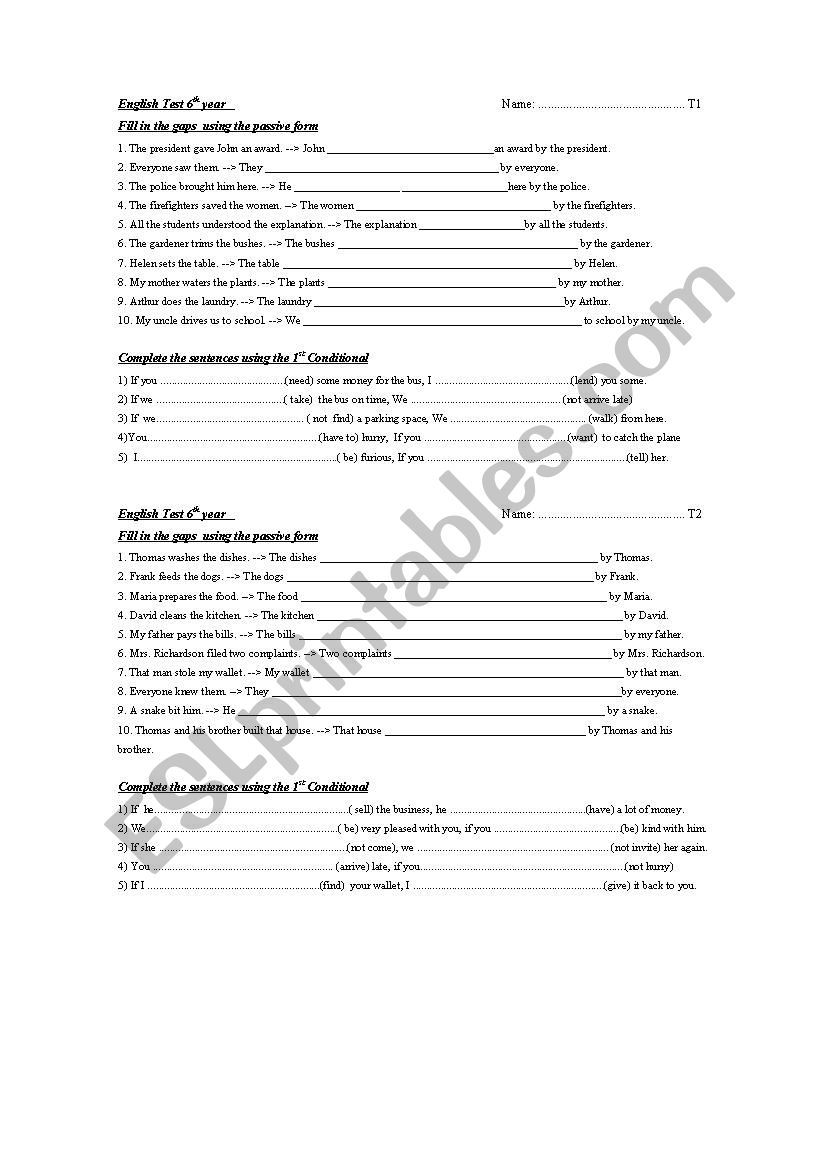 6th year test worksheet