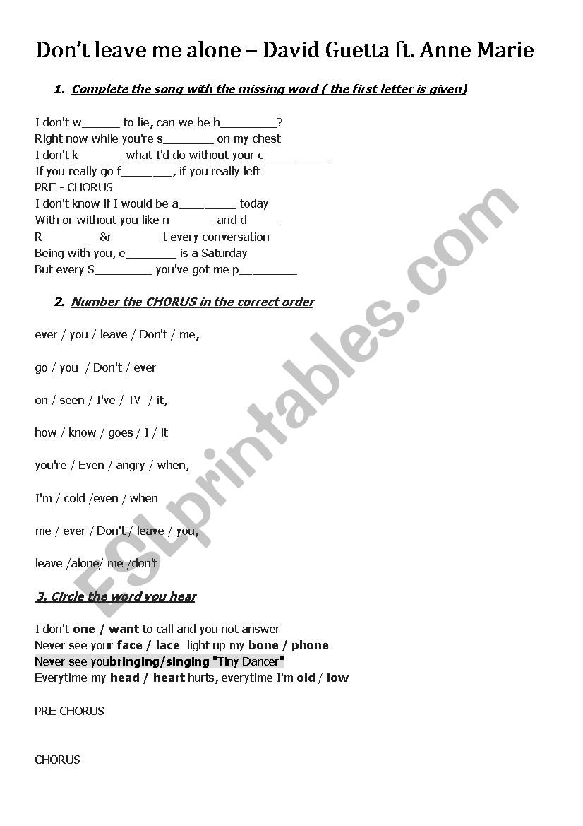 Dont leave me alone worksheet