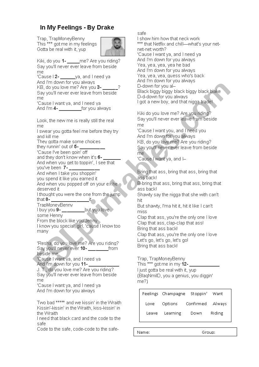 Drake - In My Feelings  worksheet