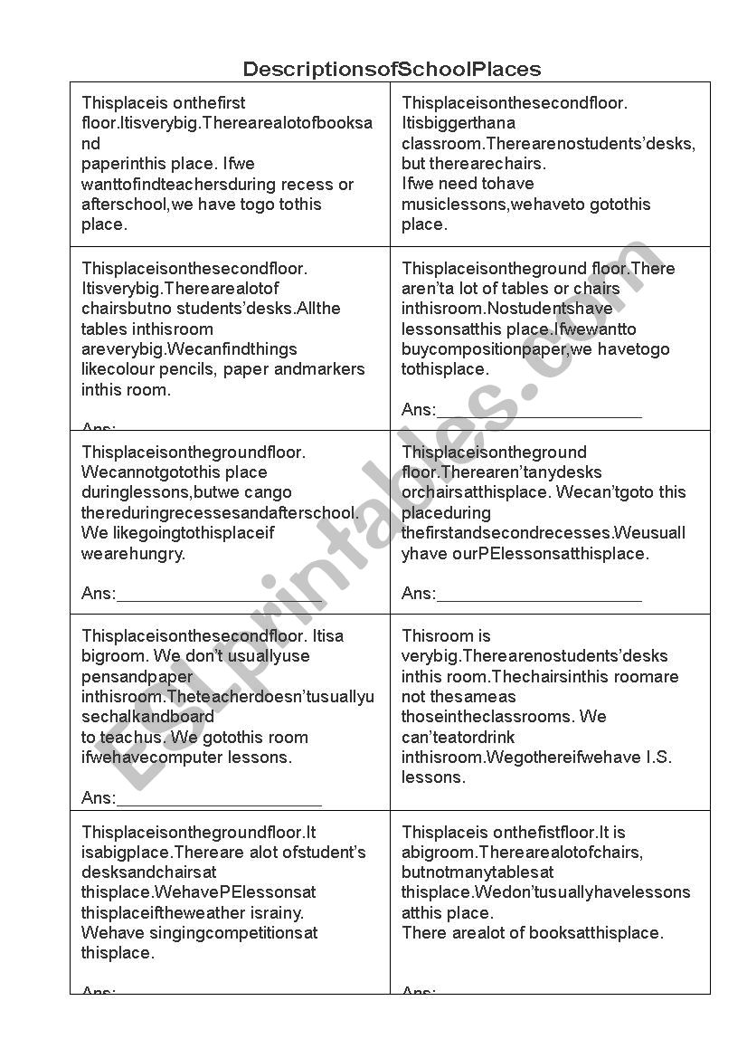 Descriptions of places in school