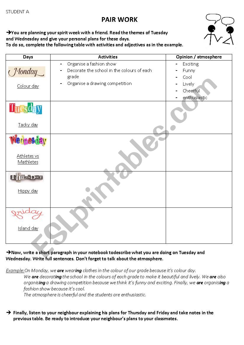 pairwork spirit week worksheet