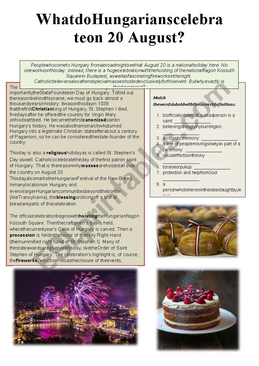 August 20th in Hungary worksheet