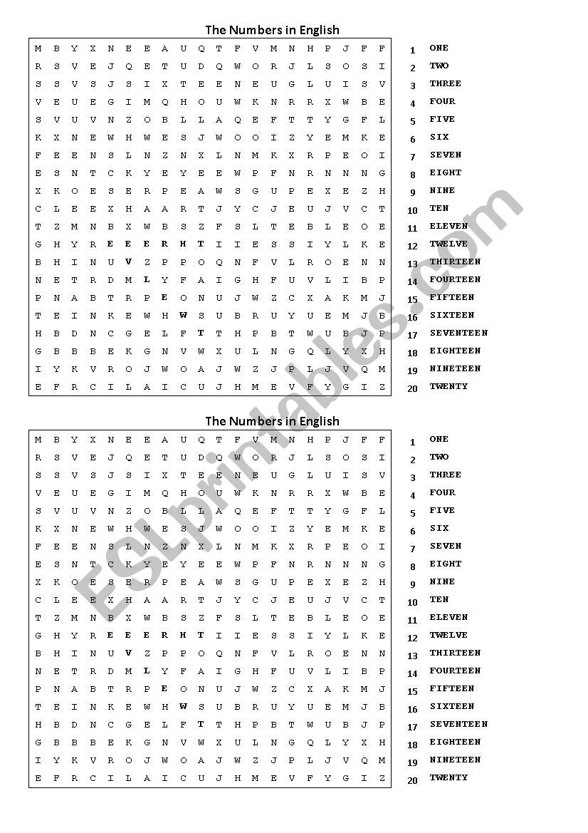 Wordsearch of numbers in English