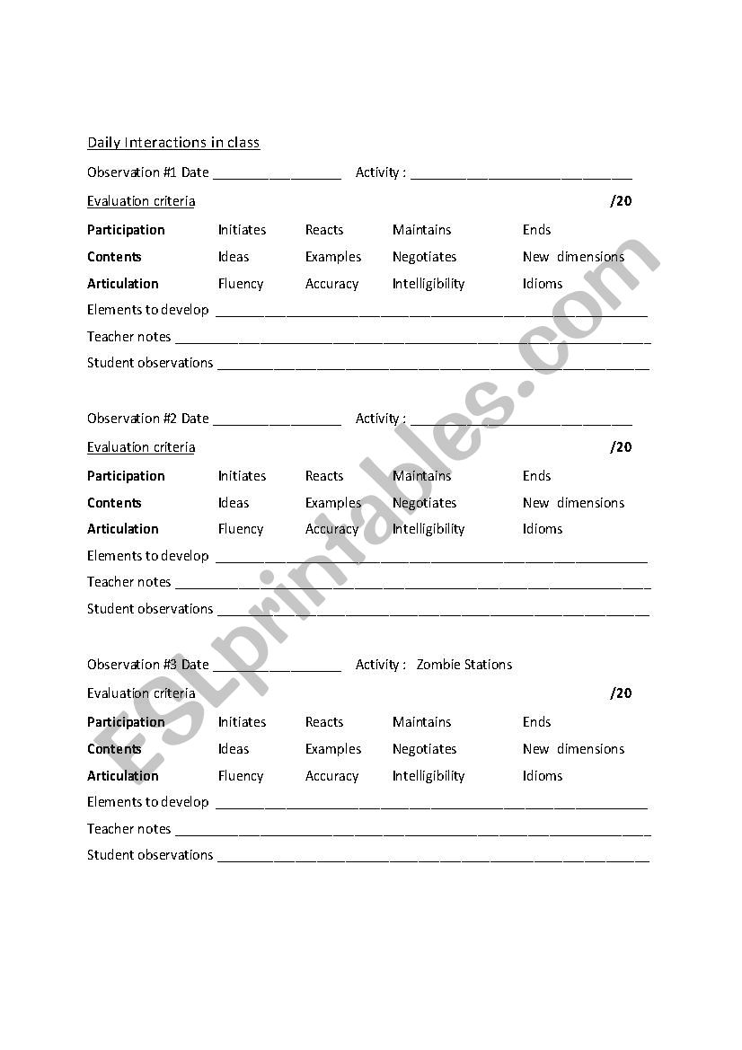 Evaluation Grid : Daily Interaction in class