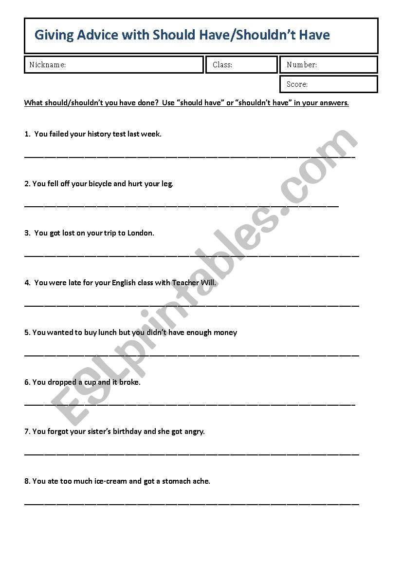 Should Have/Shouldnt Have Worksheet