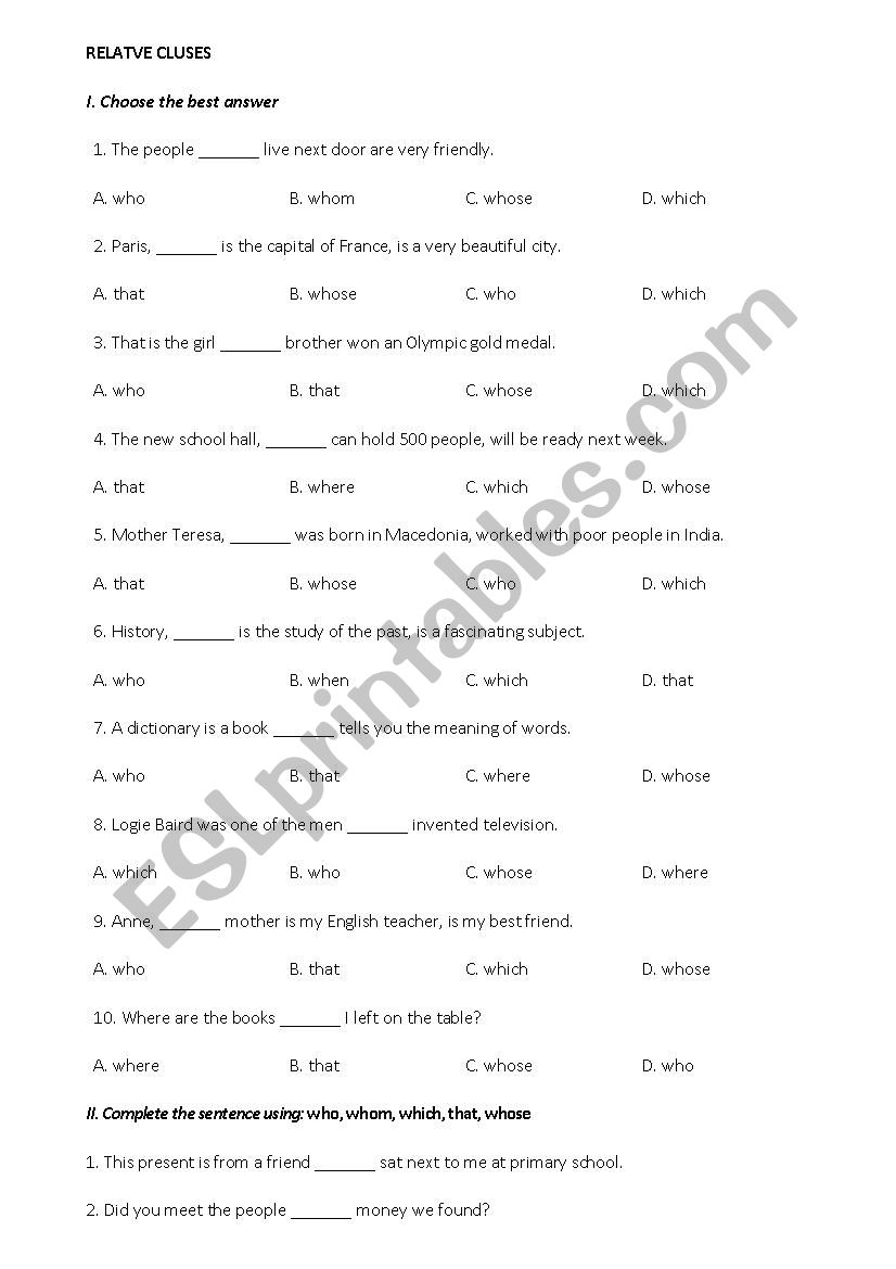 Relative clauses worksheet