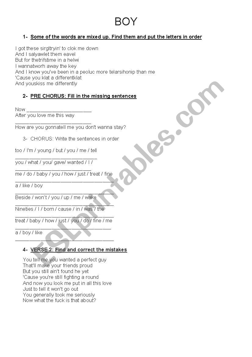 Boy - Charlie Puth worksheet