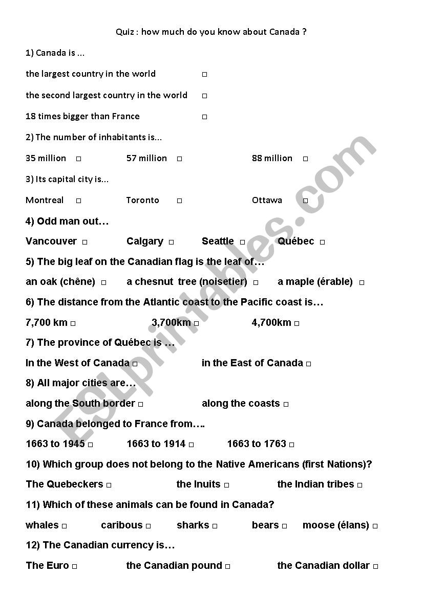 Canada quiz worksheet