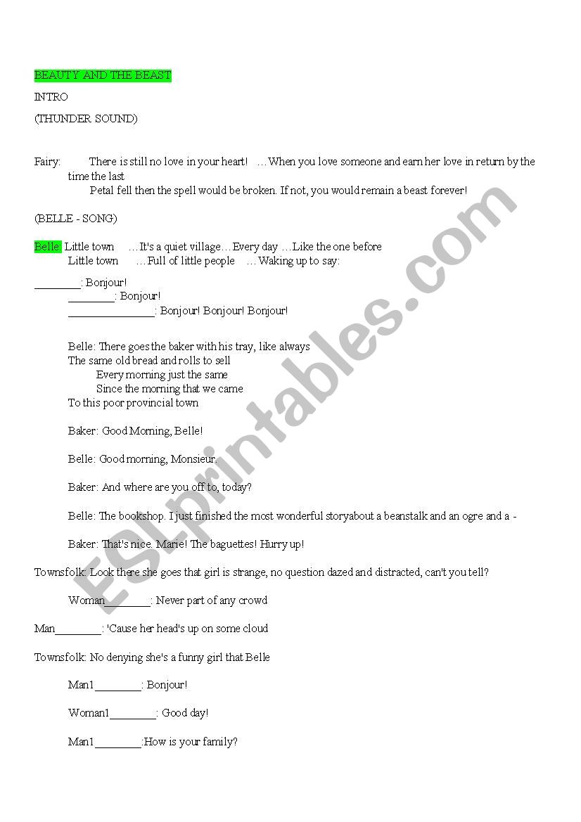 The beuty and the beast worksheet