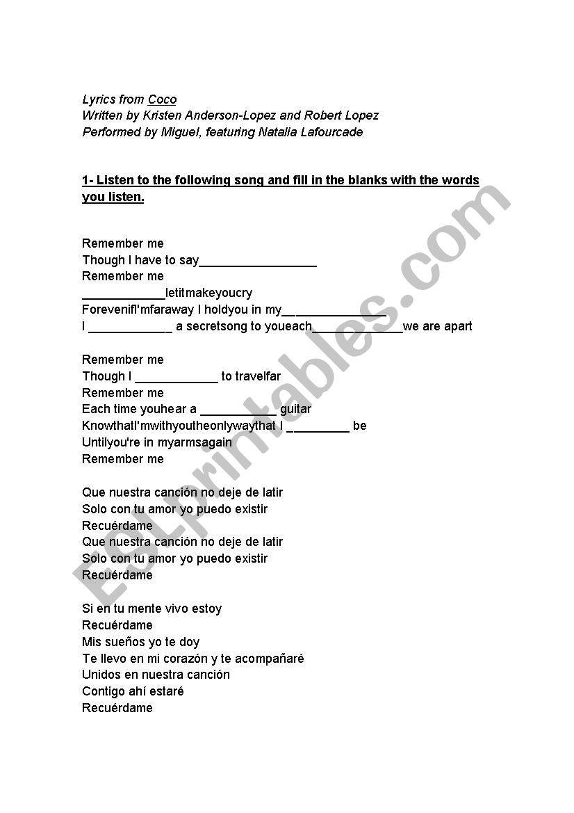 Song: Remember Me - Coco worksheet