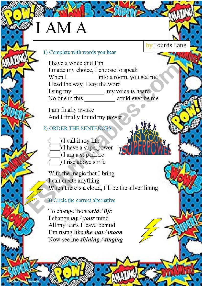 Superhero song - ESL worksheet by emorel14