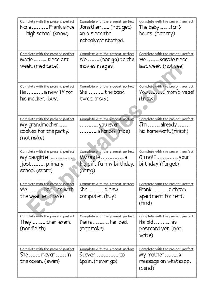 boardgame present perfect worksheet