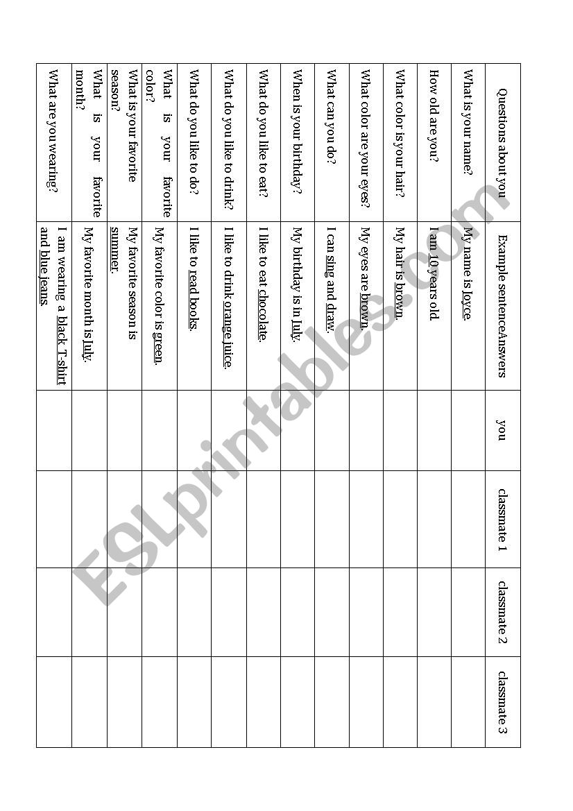 Some facts about you worksheet