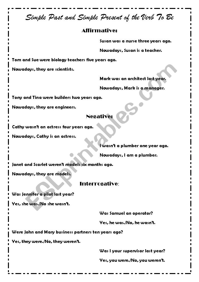 Simple Present and Simple Past of the Verb To Be - KEY