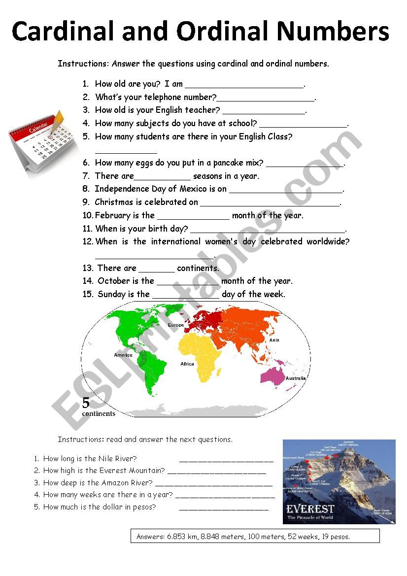 Cardinal and Ordinal Numbers worksheet