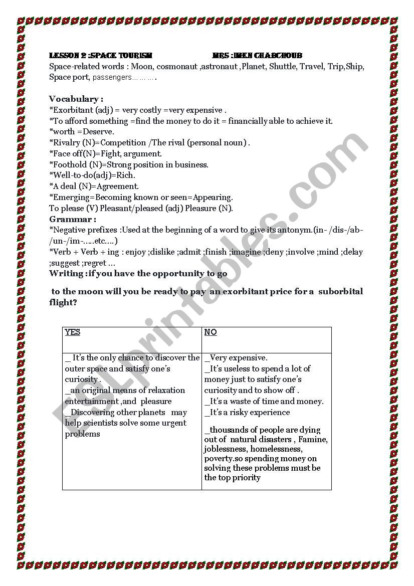 space tourism worksheet