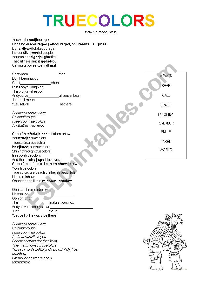 Song True Colors worksheet