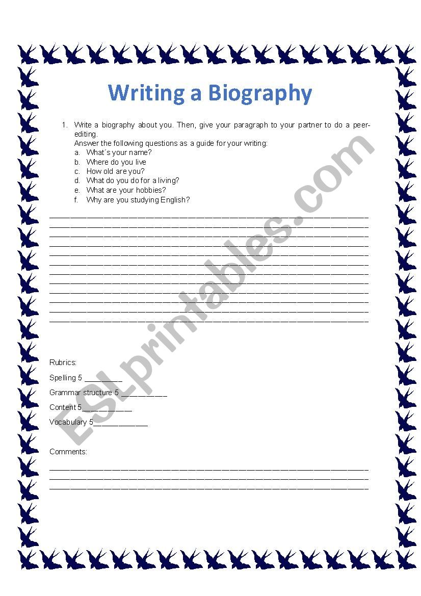 writing a biography esl printables