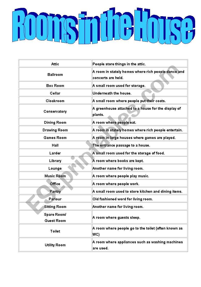 rooms in the house worksheet