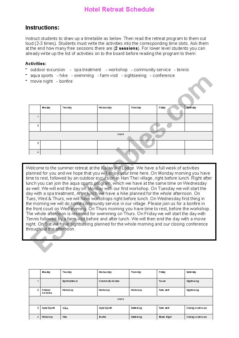 Hotel & Retreat Schedule worksheet