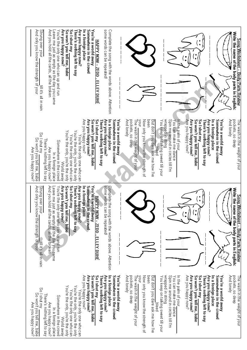 Song Worksheet - Happy Now (Body Parts)