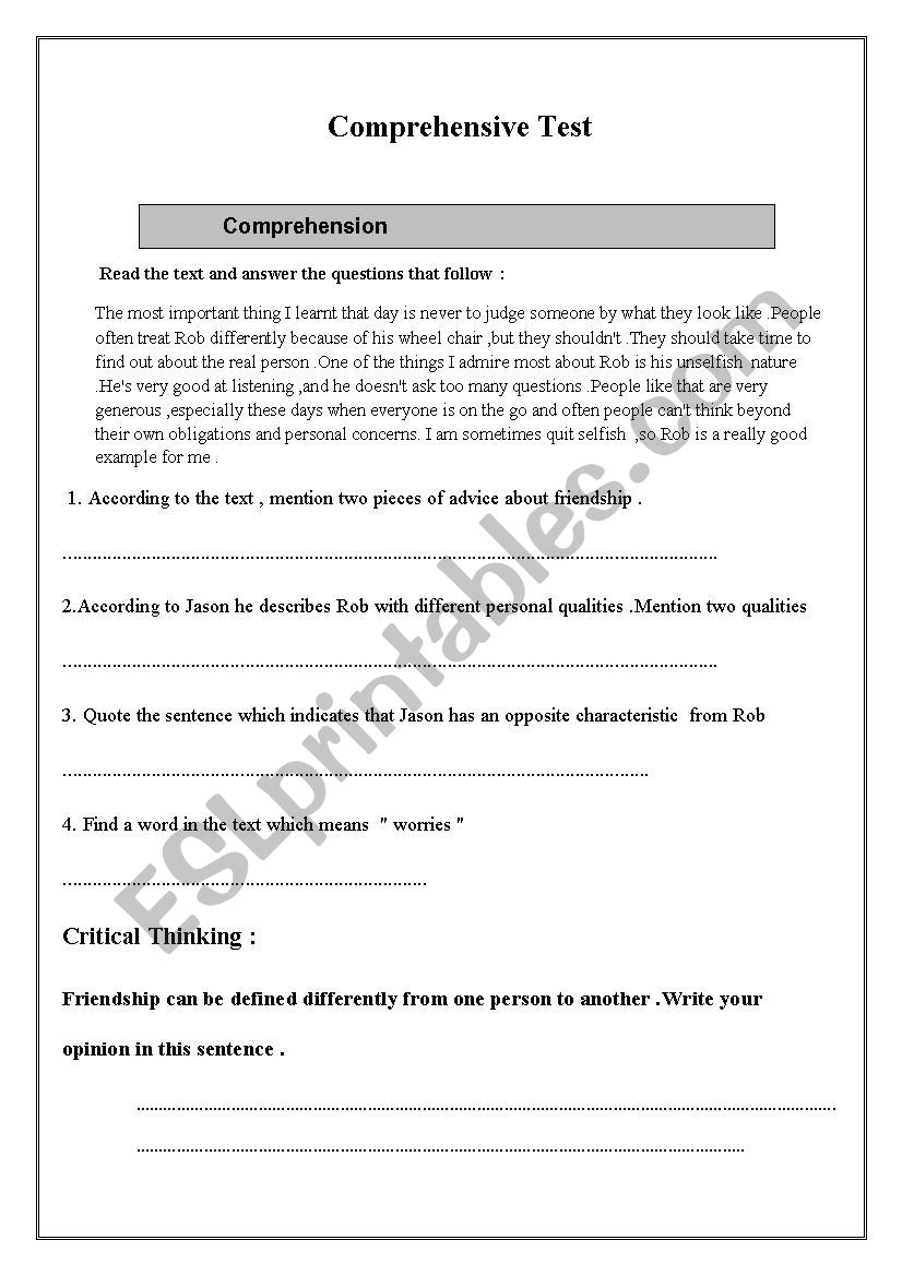 A comprehensive test worksheet