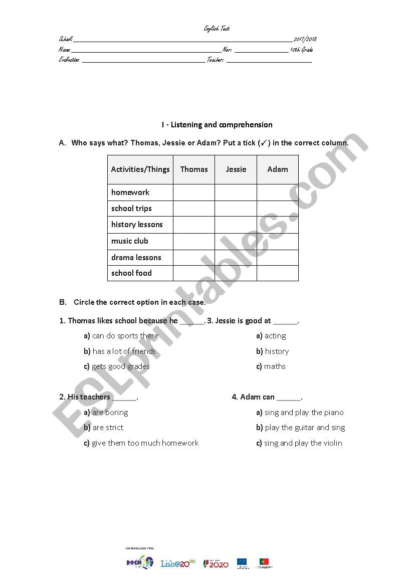 English test worksheet