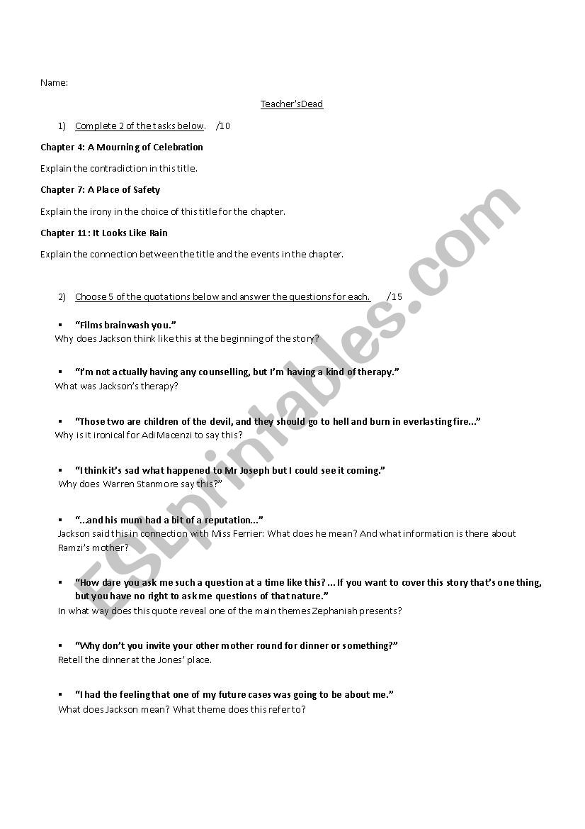 Teachers Dead (Benjamin Zephaniah) Whole Book Test