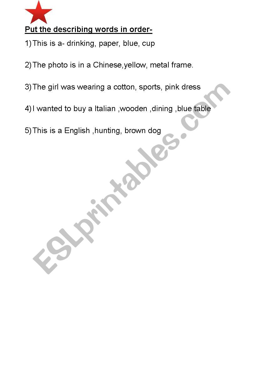 Adjective order worksheet