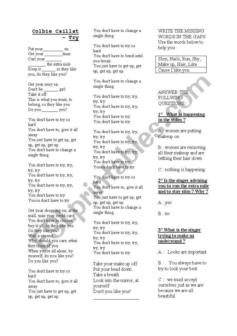 Song+ worksheet: Try ( Colbit)