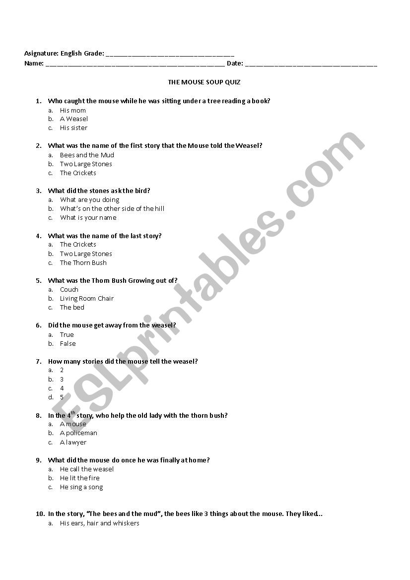 MOUSE SOUP QUIZ worksheet