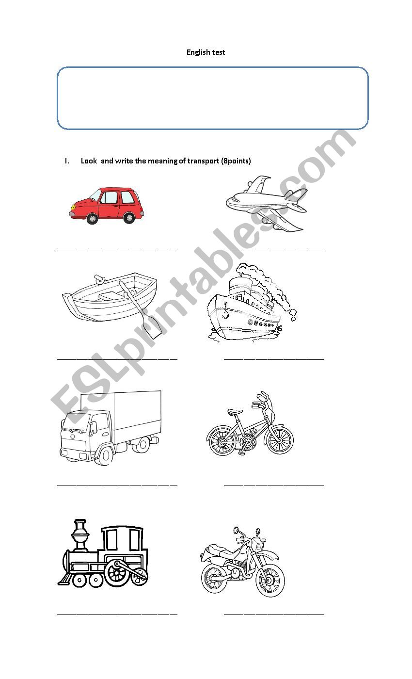 test means of trasnport worksheet