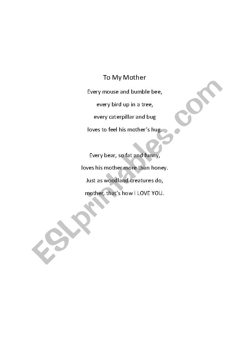 Poetry To my mother  worksheet