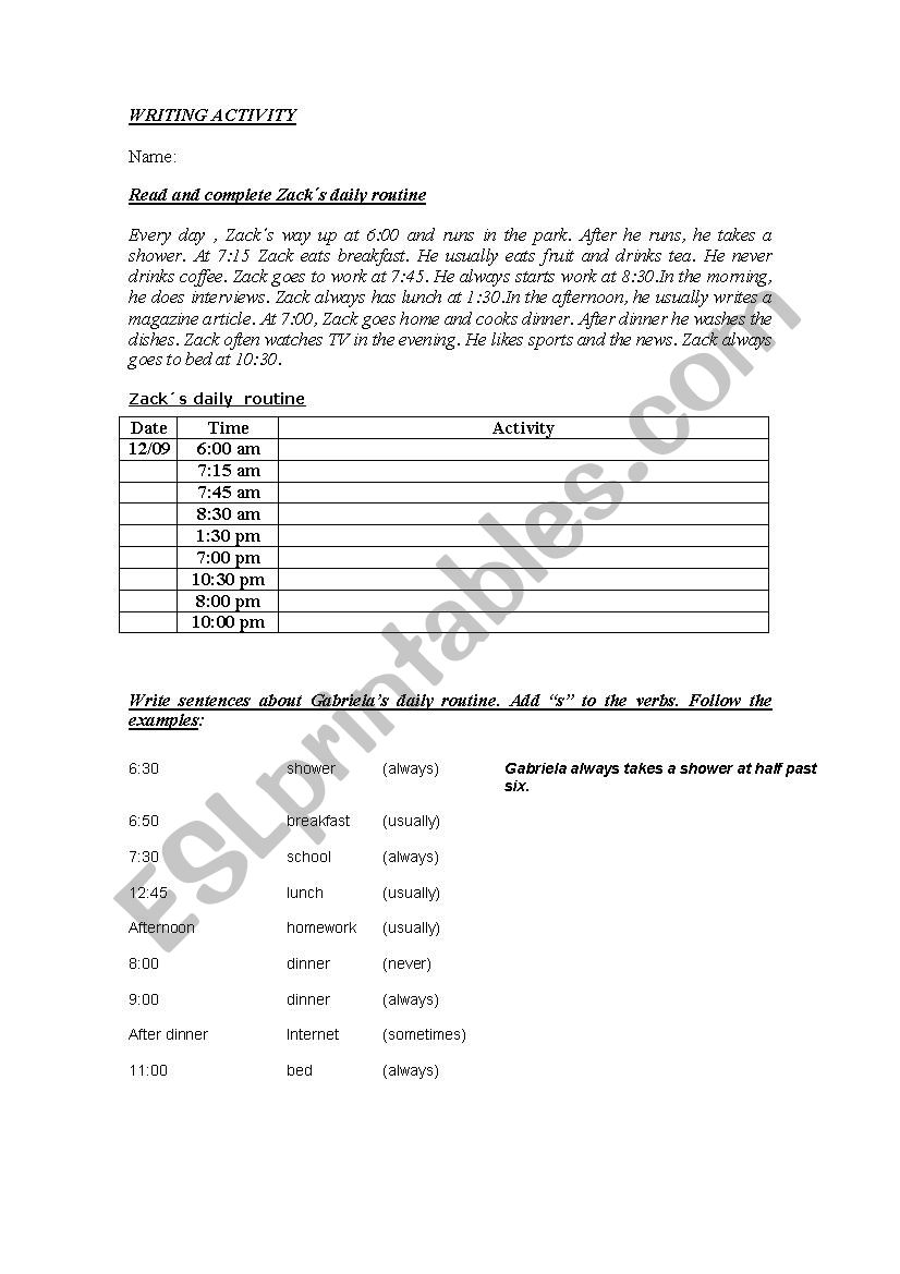 Routines worksheet