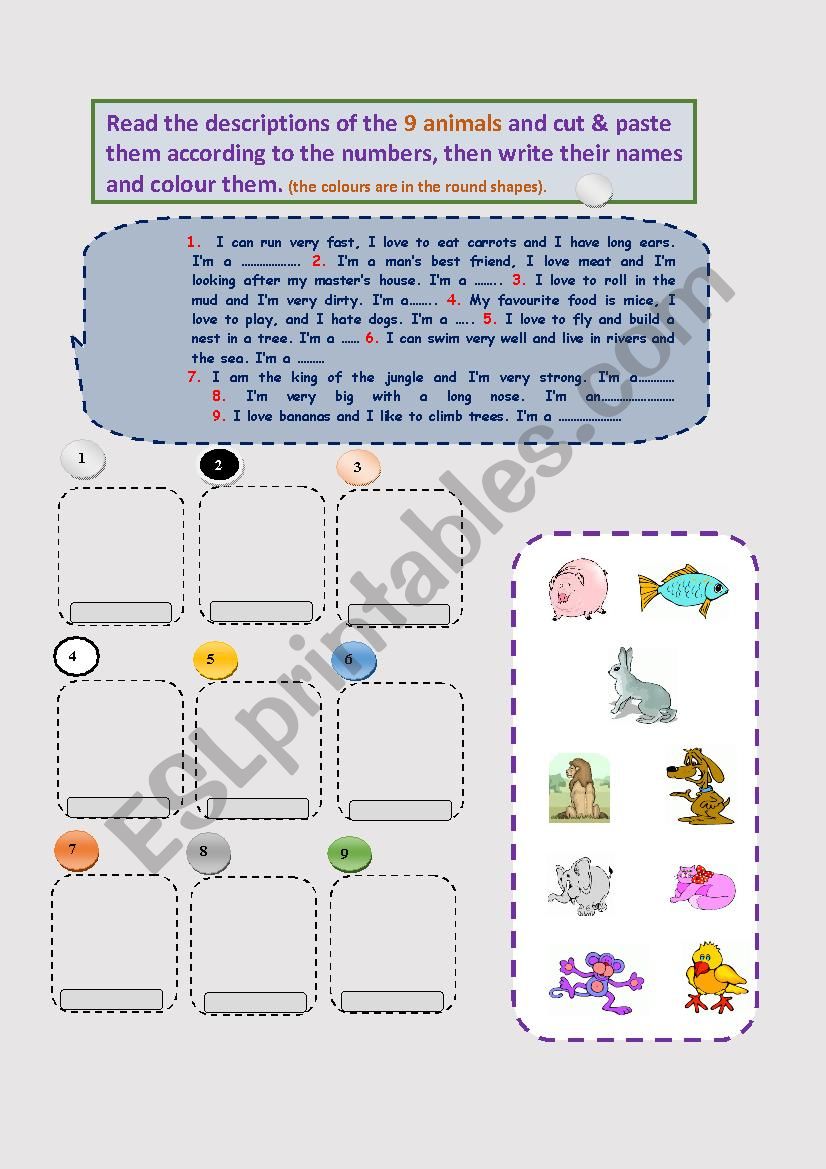  Animals Clipart-Descriptions, Cut & Paste, Write and Colour