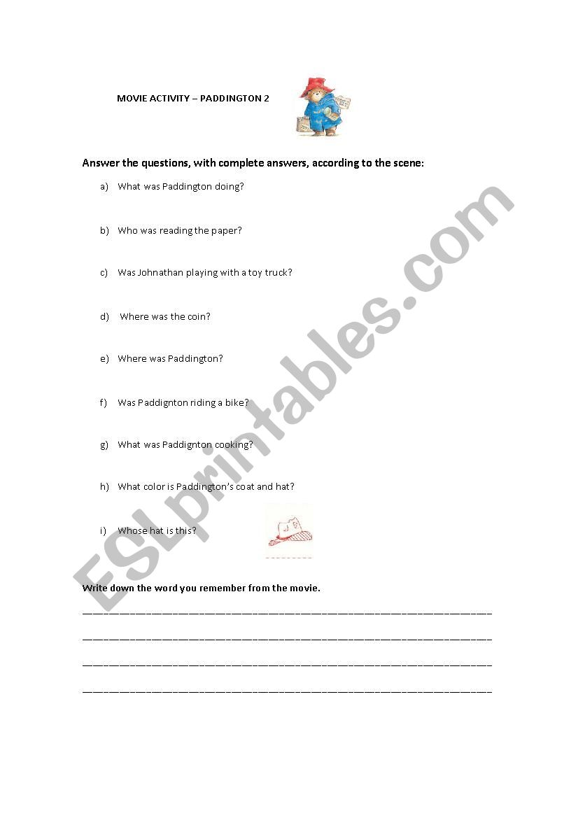 Paddington 2 movie activity worksheet