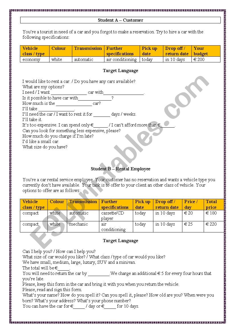 Hiring a Car useful language worksheet