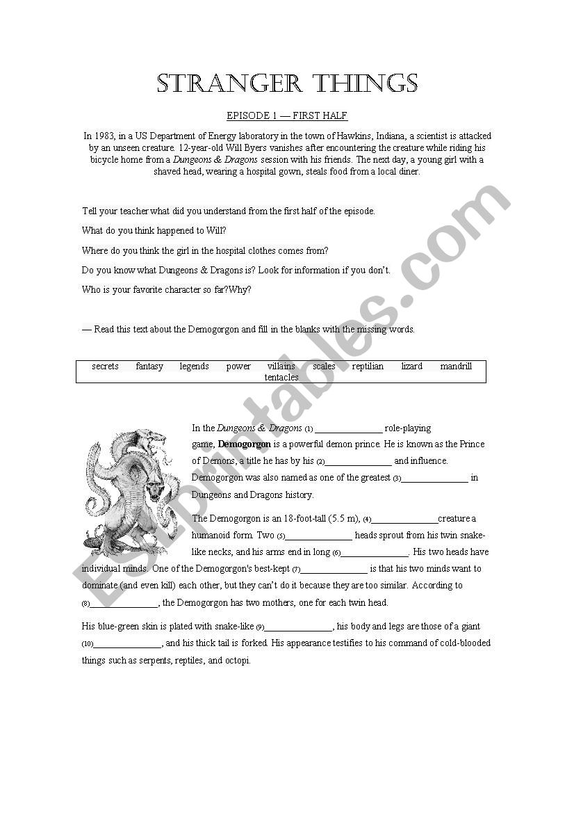Stranger Things - season 1 episode 1 worksheet