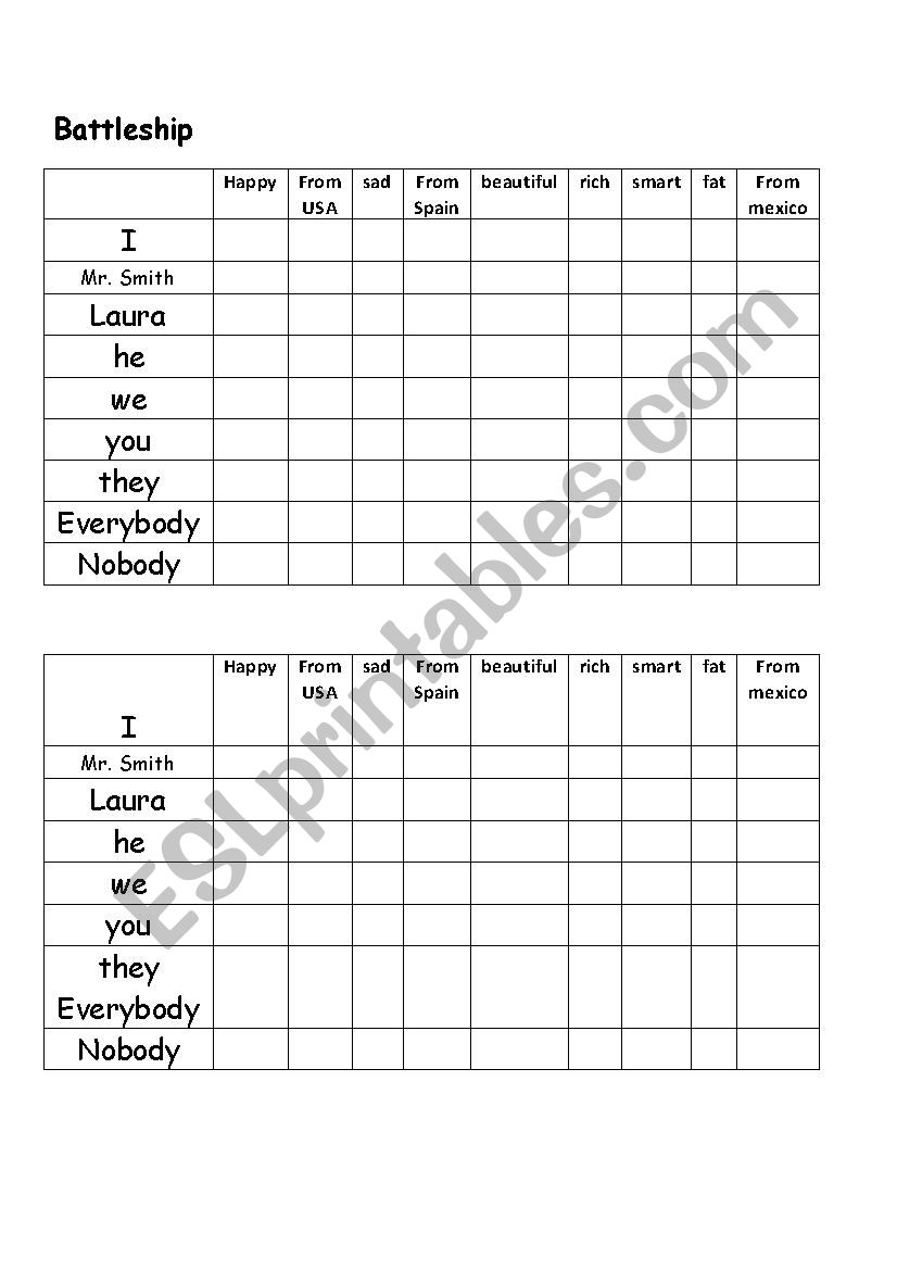 Verb to be battle ship worksheet