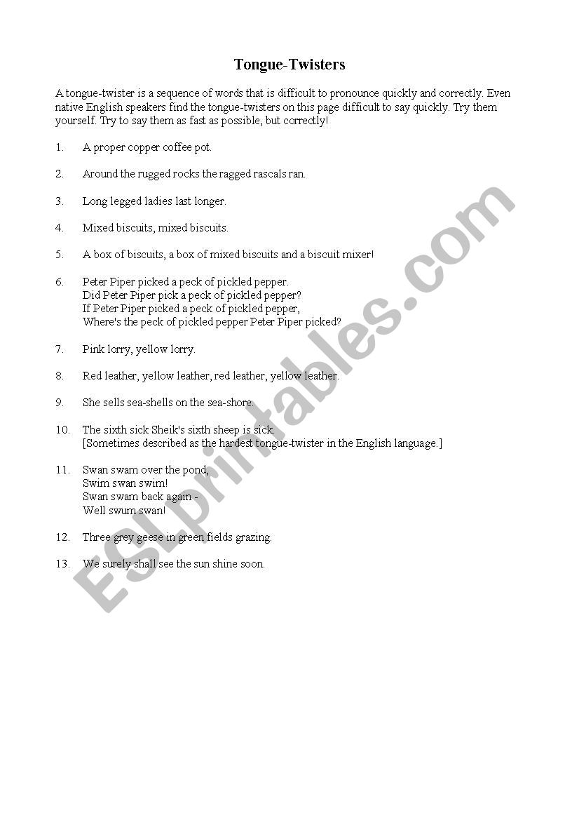 Tongue Twisters worksheet