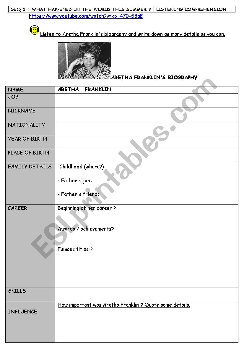 Aretha Franklins biography worksheet