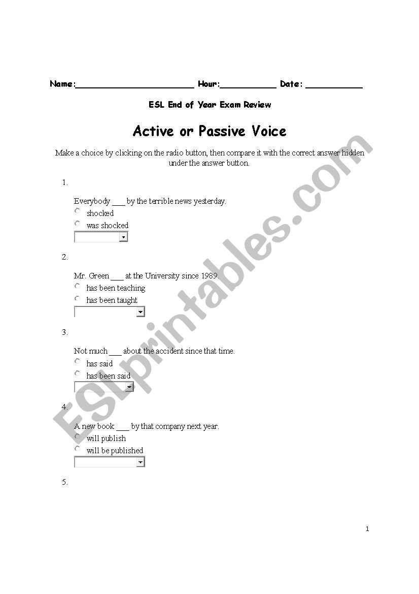 ESL Grammar study guide/test worksheet